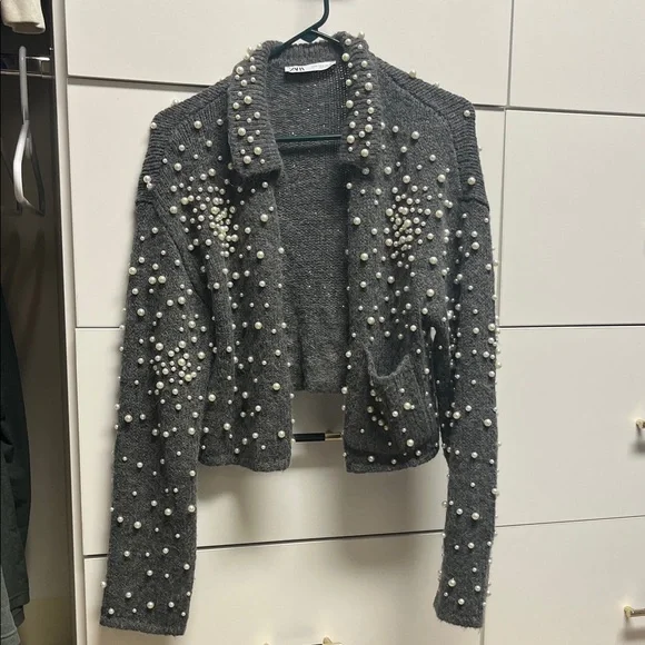 Zara Gray Pearl-Studded Sweater - Picture 2 of 5